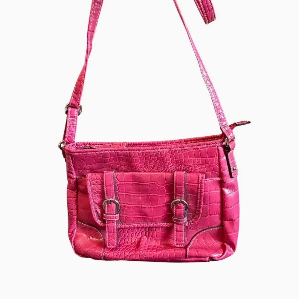 Croft & Barrow Hot Pink Croc Embossed Crossbody Bag Buckle Detail Pocket